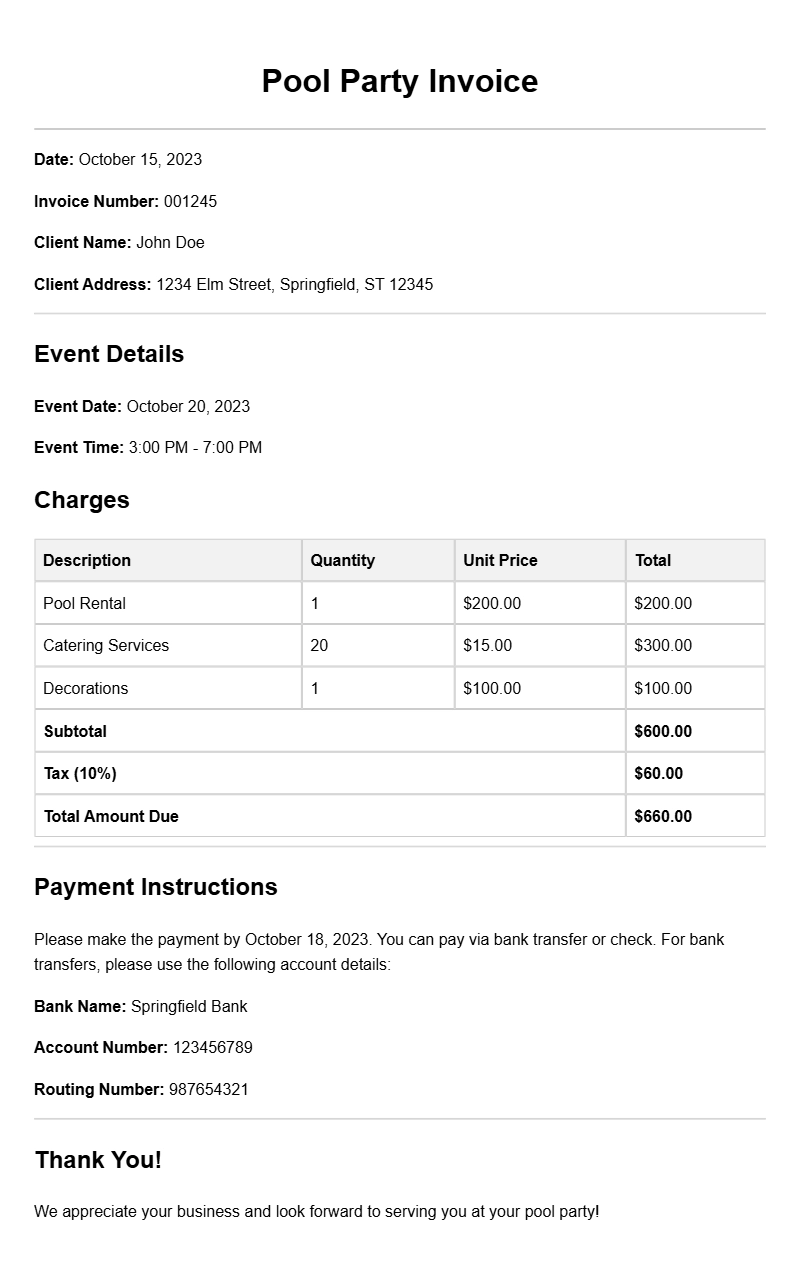 Pool Party Invoice Samples for Easy Event Planning