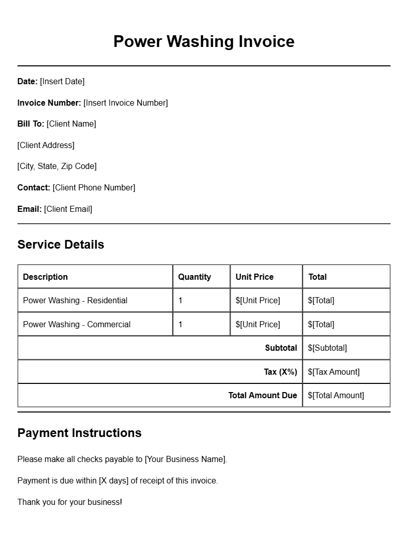 Power Washing Invoice Templates for Professional Services