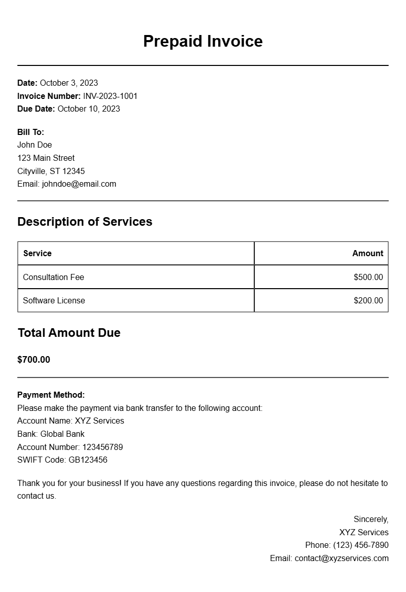 Prepaid Invoice Samples for Efficient Billing Practices