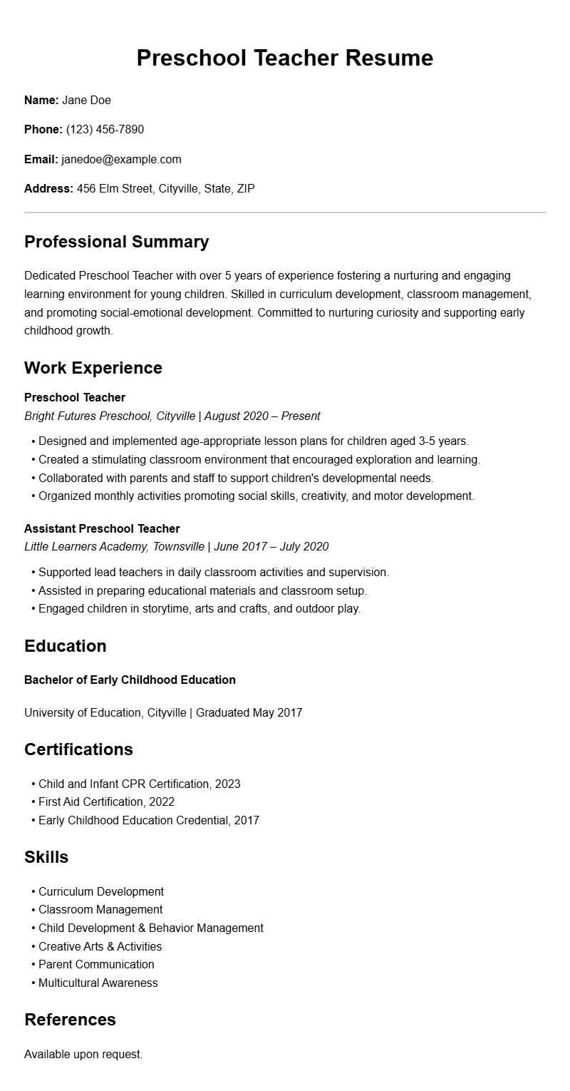 Preschool Teacher Resume Samples to Showcase Your Skills