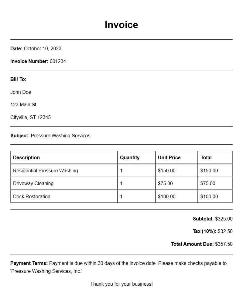 Pressure Washing Invoice Samples for Your Business Needs