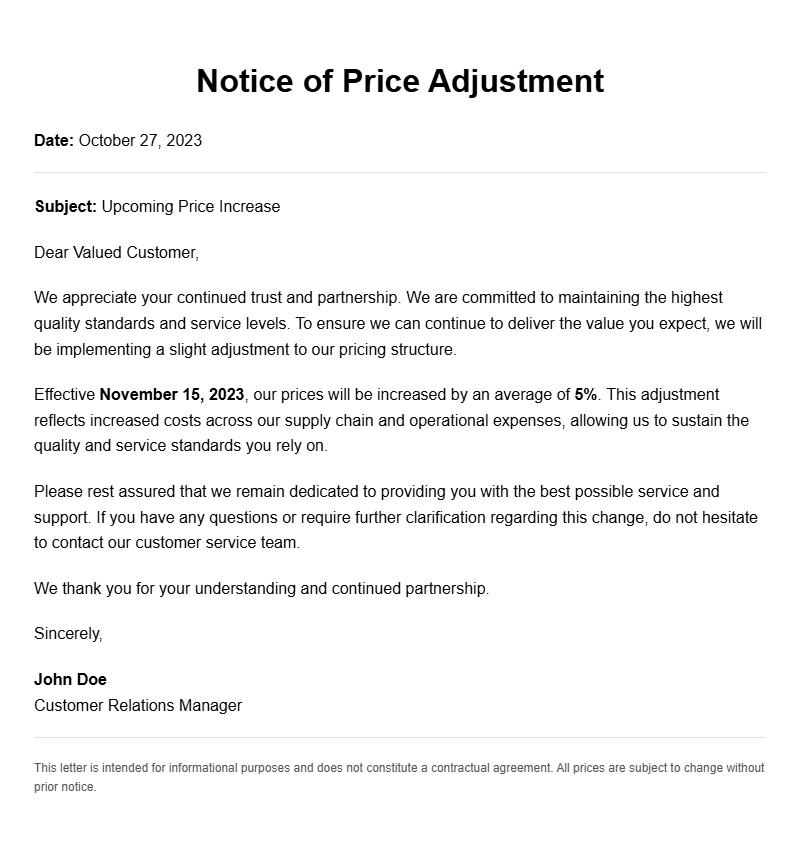Effective Price Increase Letter Samples for Businesses
