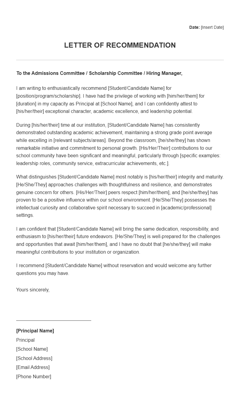 Principal Recommendation Letter Templates