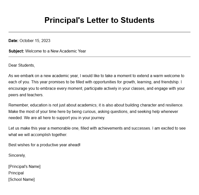 Principal to Student Letter Samples for Guidance and Support