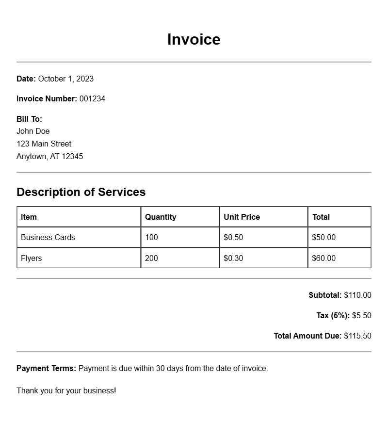 Invoice Samples for Print Shop Owners