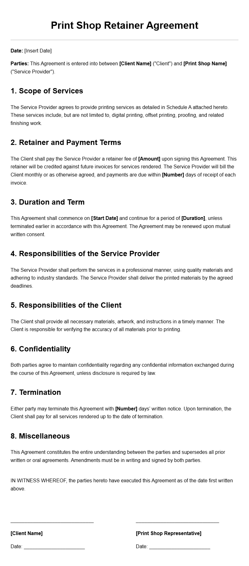Printable Print Shop Retainer Agreement Templates for Your Business