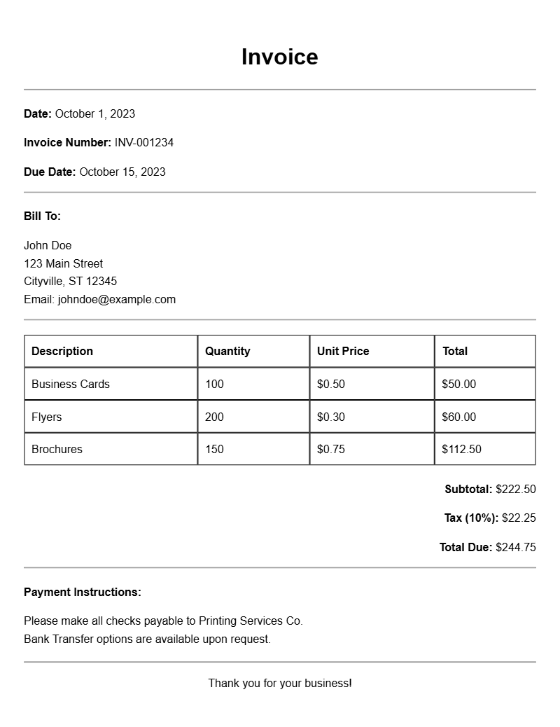 Customizable Printing Service Invoice Templates for Your Business