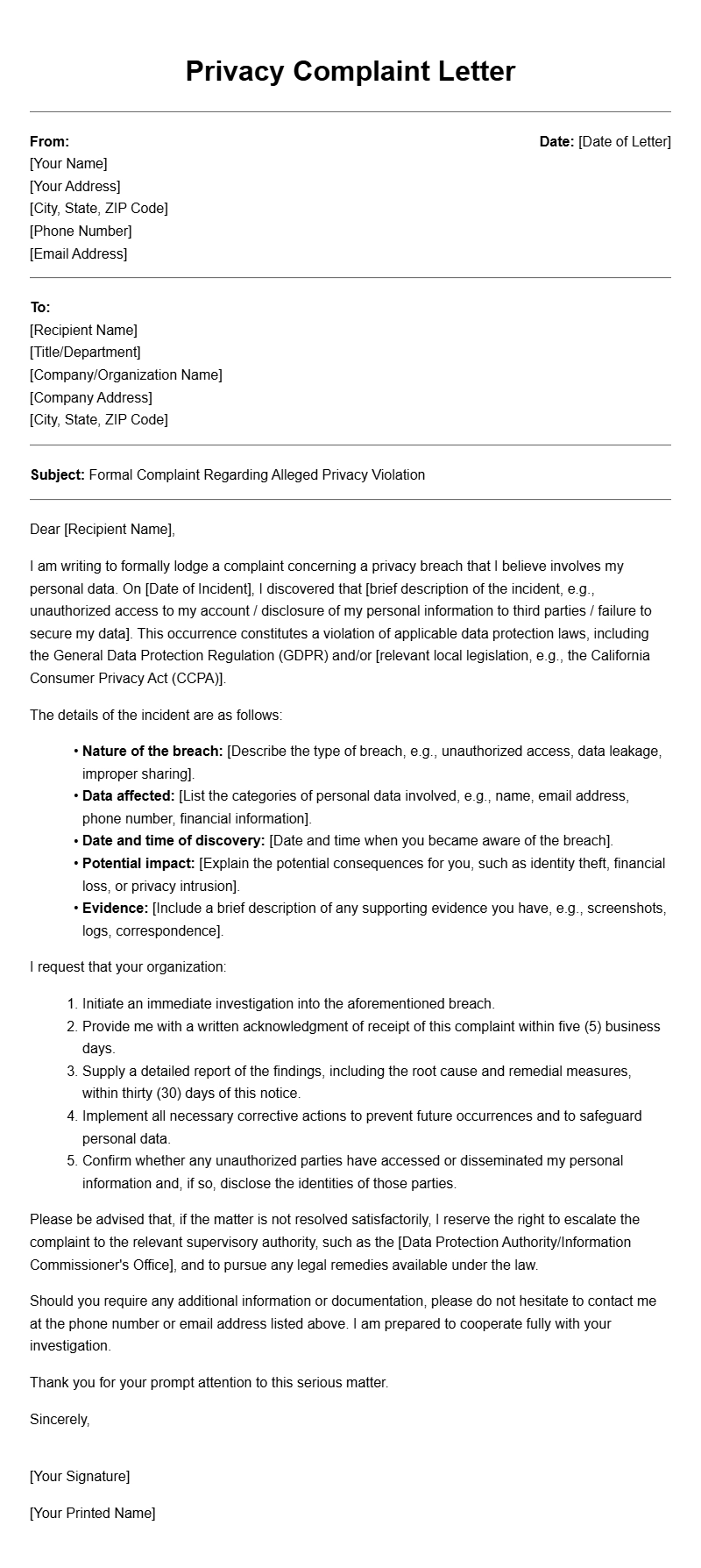 Privacy Complaint Letter Templates