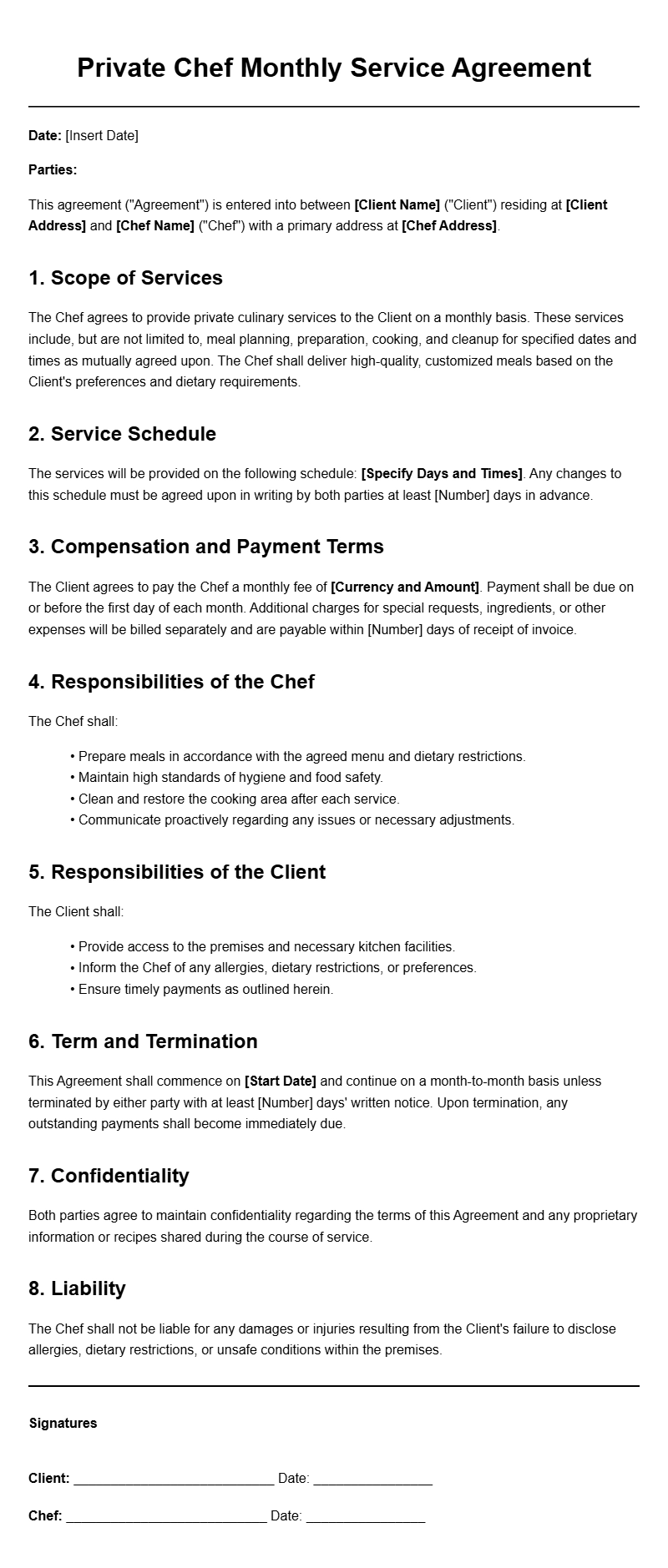 Private Chef Monthly Service Agreement Templates