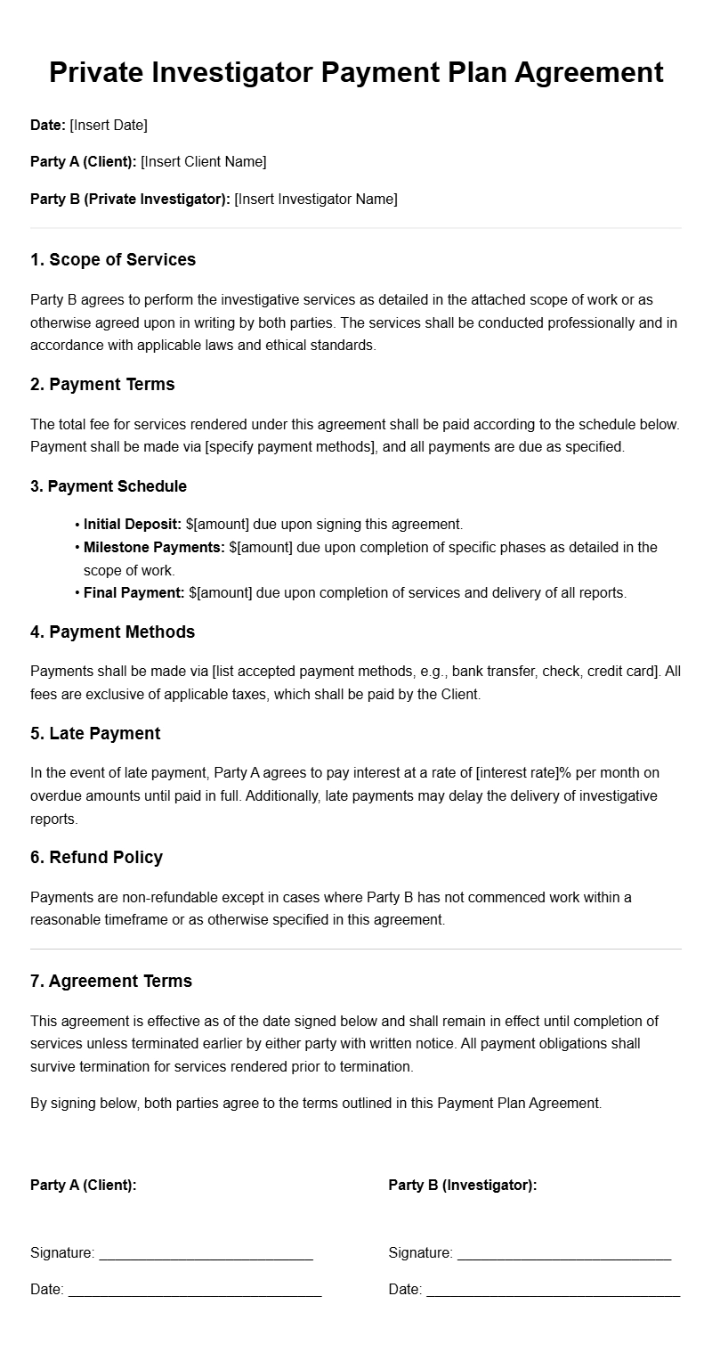 Private Investigator Payment Plan Agreement Templates