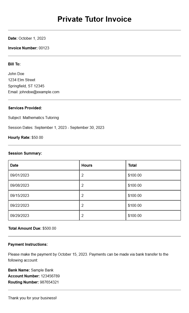 Private Tutor Invoice Samples for Easy Billing
