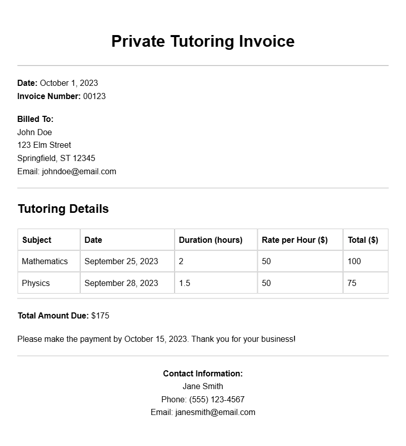Private Tutoring Invoice Samples for Easy Billing