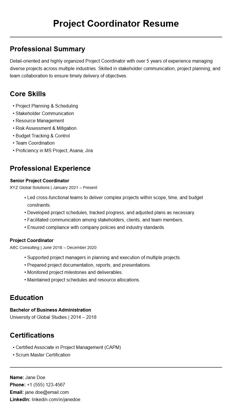 Professional Project Coordinator Resume Templates to Stand Out
