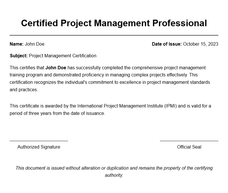 Professional Project Manager Certificate Templates for Recognition