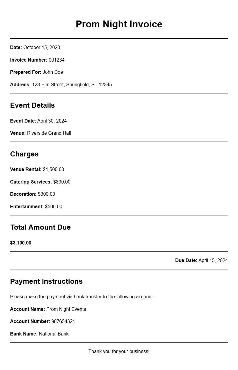Prom Night Invoice Samples for Your Event Planning Needs