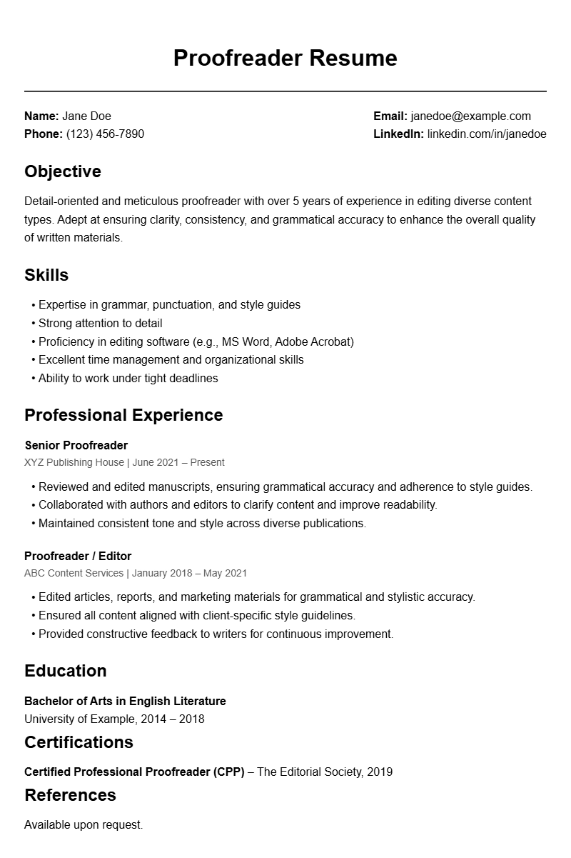 Professional Proofreader Resume Templates for Job Success
