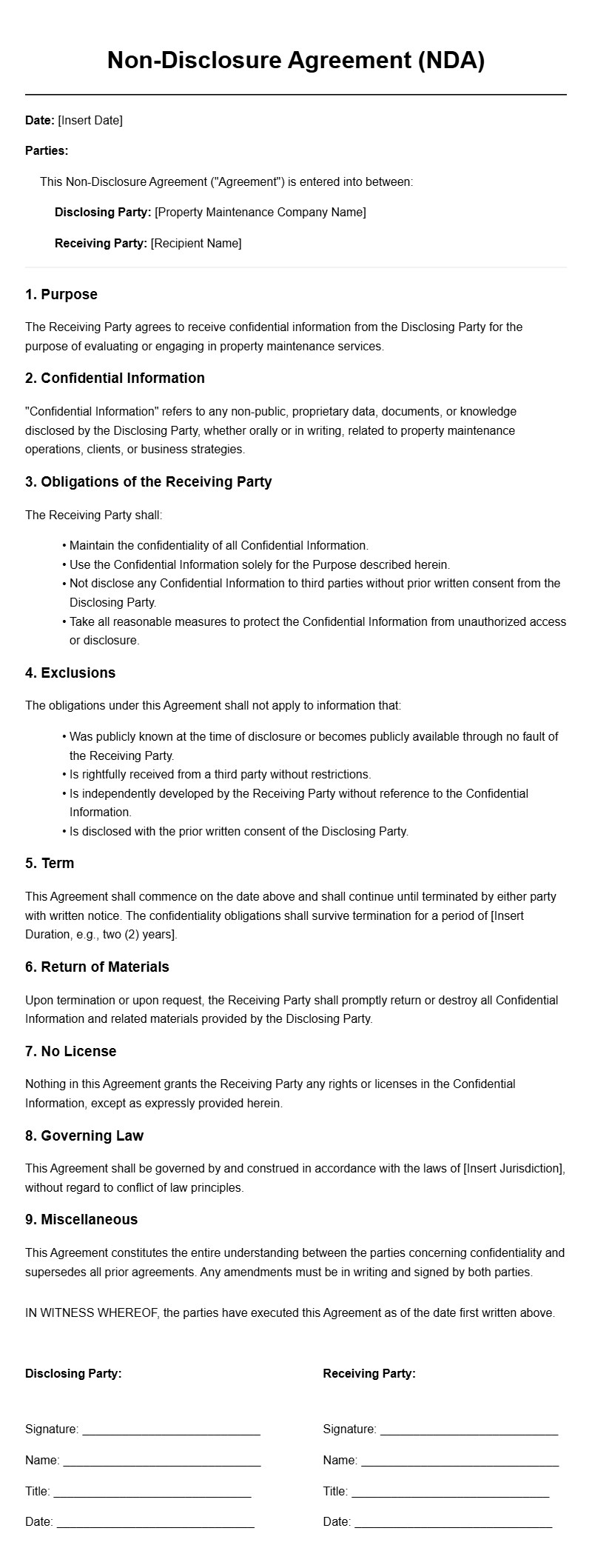 Property Maintenance Company NDA Agreement Templates