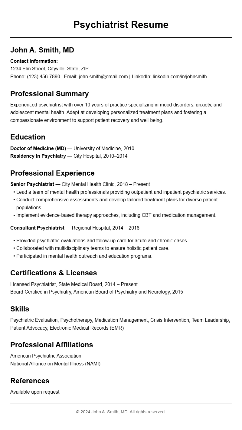 Psychiatrist Resume Samples to Showcase Your Skills