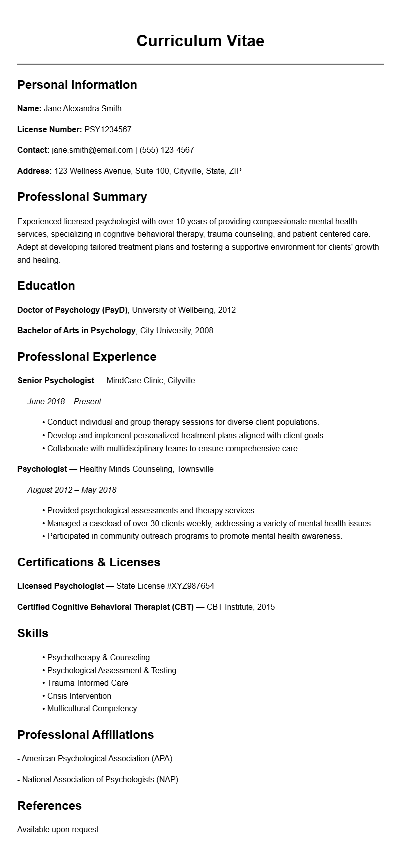 Psychologist Resume Templates for a Professional Look