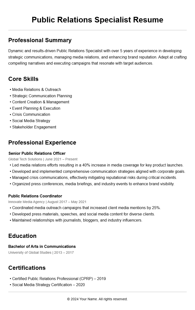 Public Relations Specialist Resume Samples and Examples