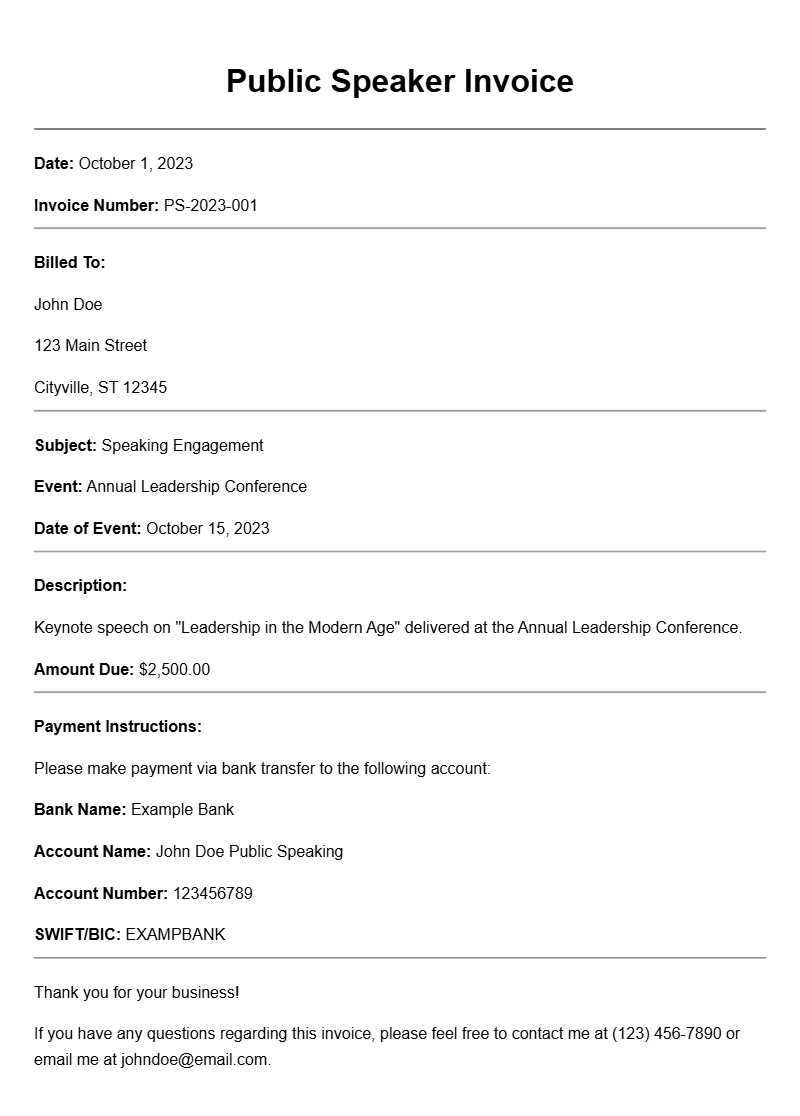 Public Speaker Invoice Samples for Your Professional Needs