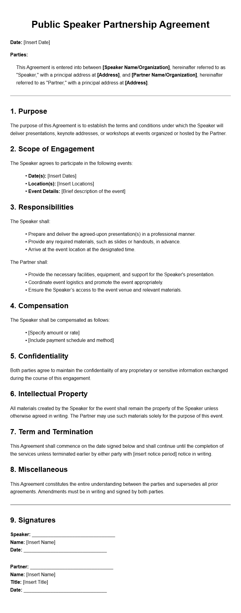 Public Speaker Partnership Agreement Templates