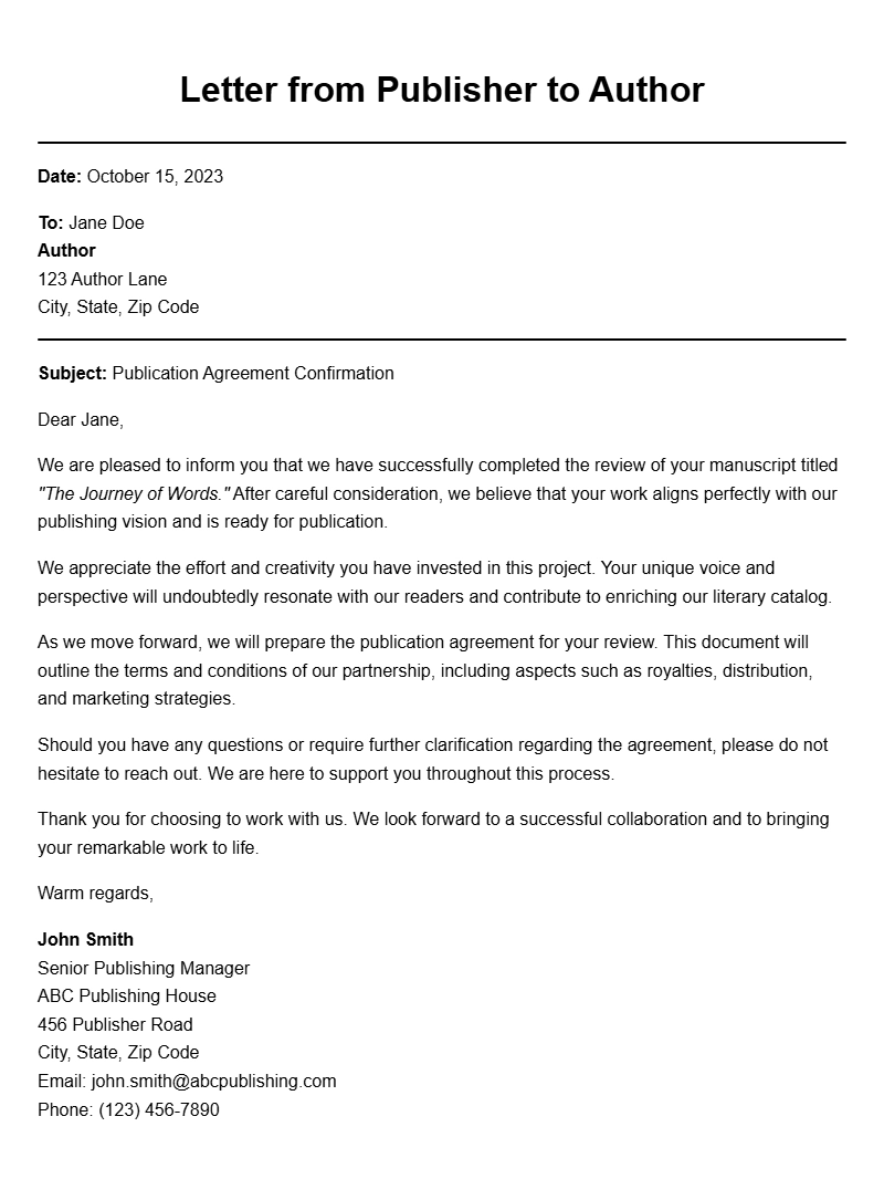 Publisher to Author Letter Samples for Effective Communication