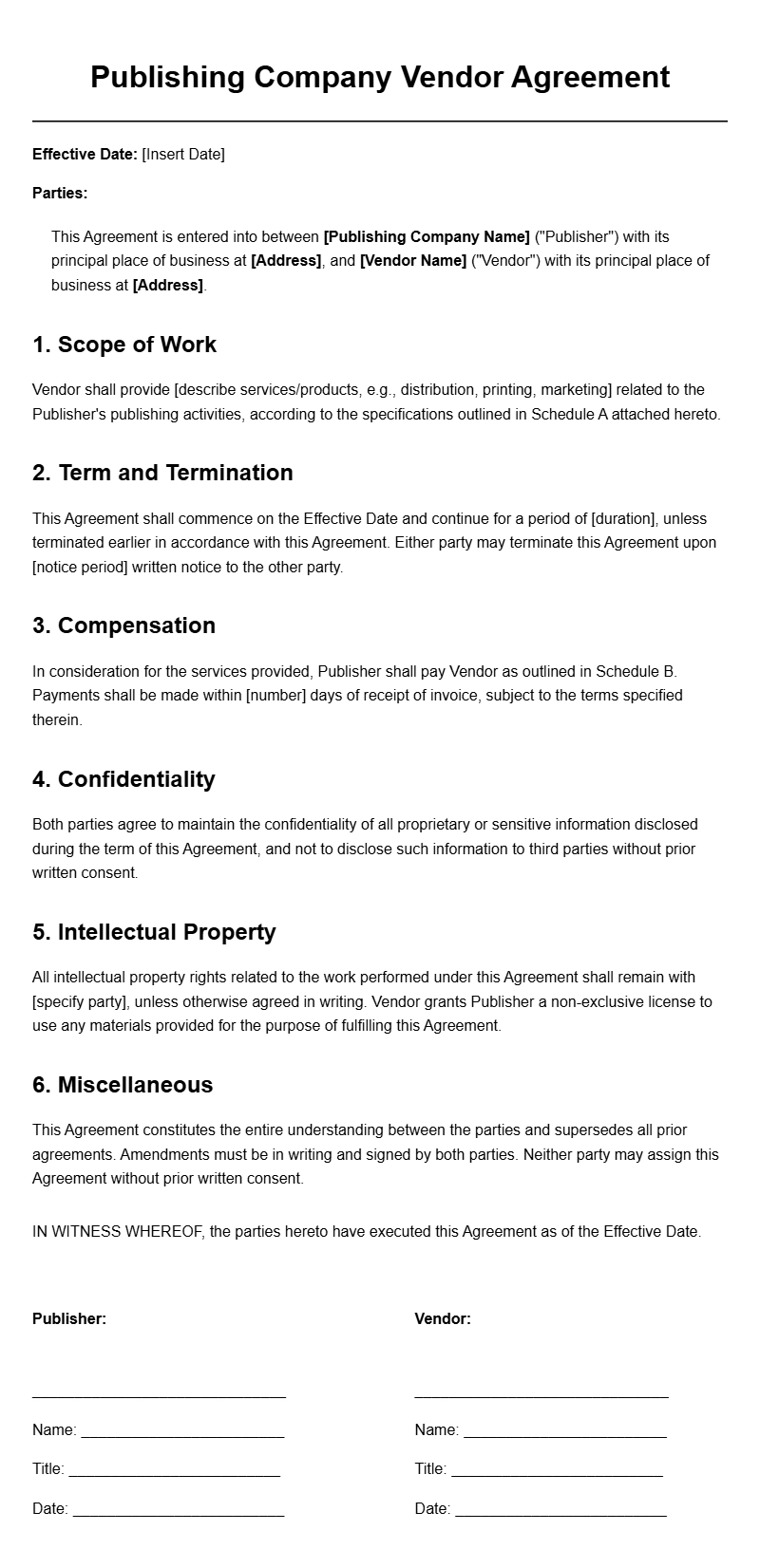 Publishing Company Vendor Agreement Templates