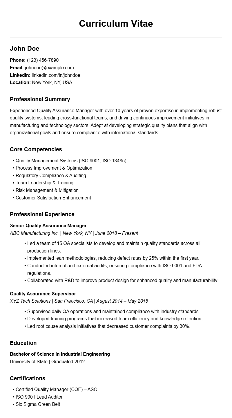 Quality Assurance Manager Resume Samples for a Strong Application
