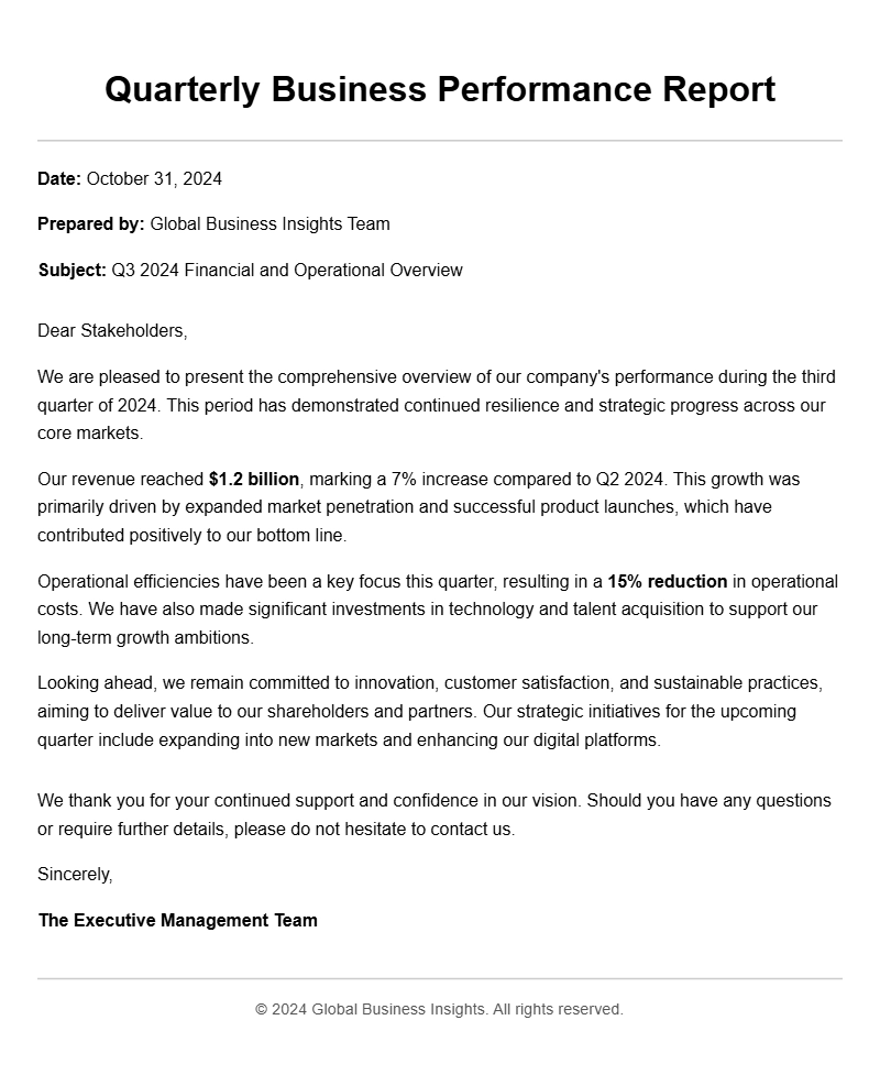 Effective Quarterly Report Letter Samples for Business Communication