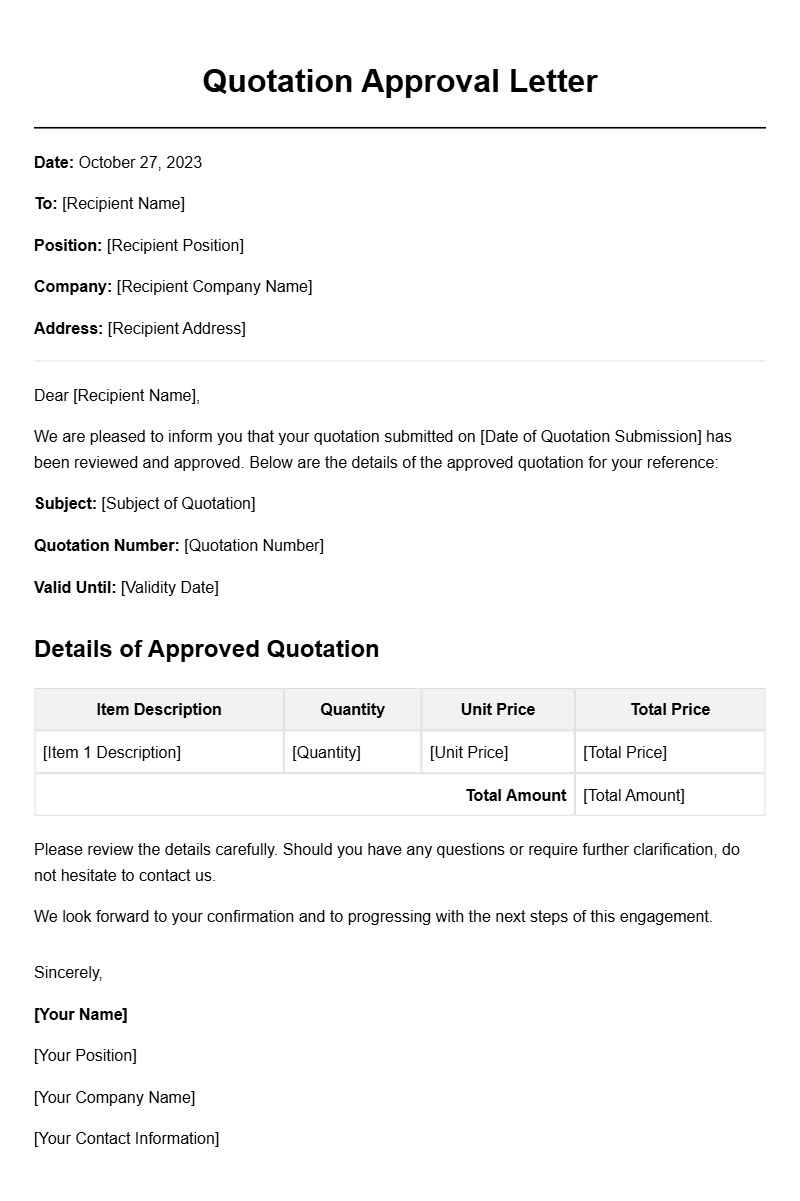 Sample Quotation Approval Letters for Business Use