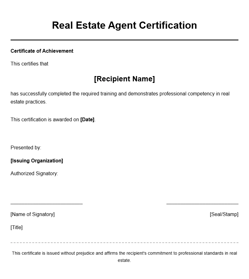 Professional Real Estate Agent Certificate Templates for Recognition