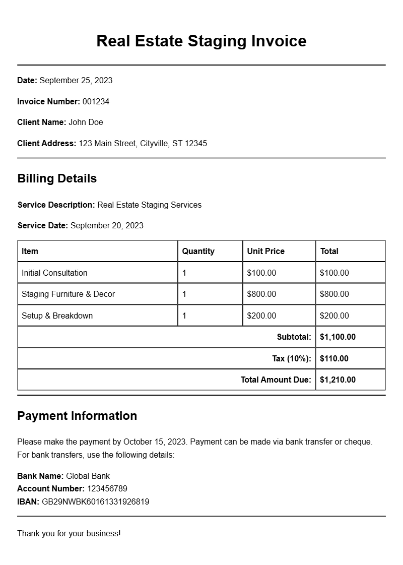 Real Estate Staging Invoice Templates for Your Business