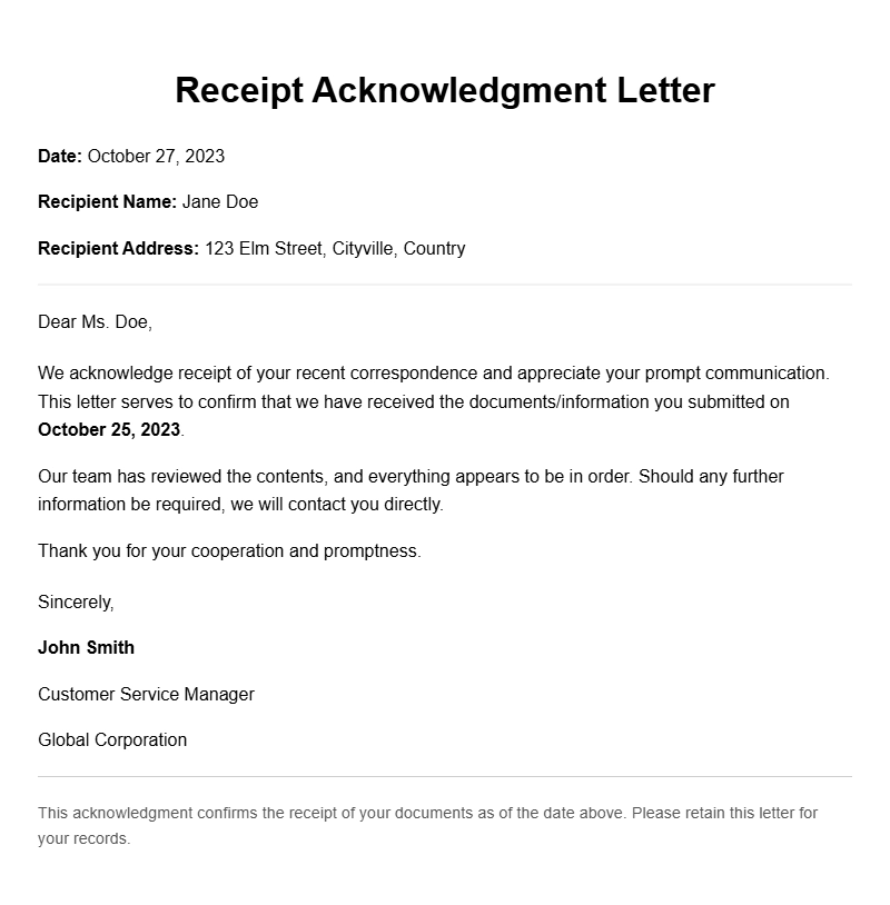 Sample Receipt Acknowledgment Letters for Business and Personal Use