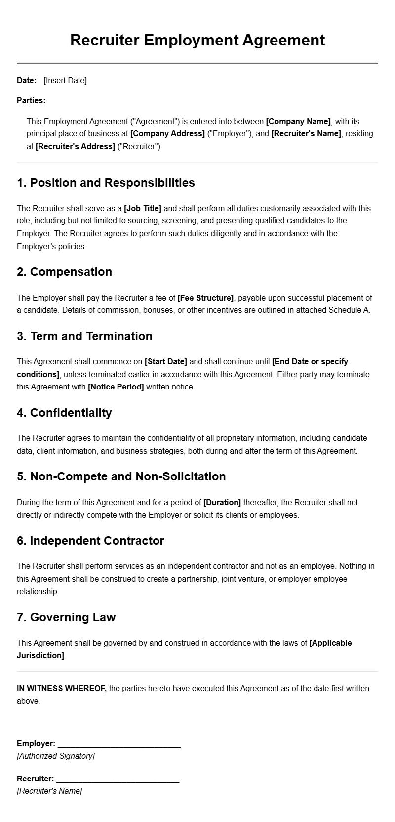 Recruiter Employment Agreement Templates for Employers