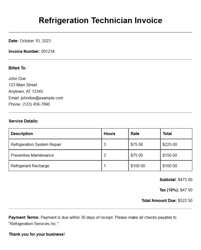 Refrigeration Technician Invoice Samples for Your Business