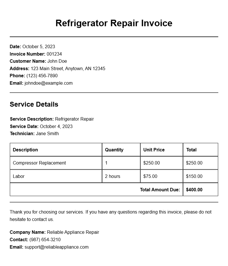 Refrigerator Repair Invoice Samples for Easy Reference