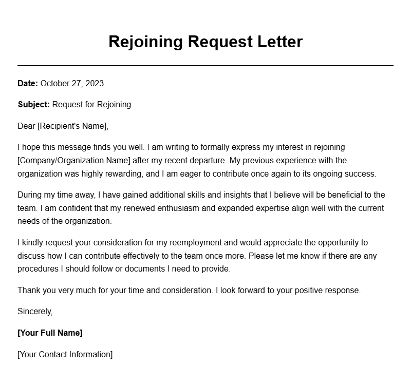 Sample Rejoining Request Letters for Professional Reentry