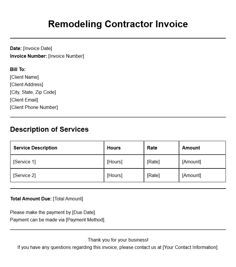 Remodeling Contractor Invoice Templates for Efficient Billing
