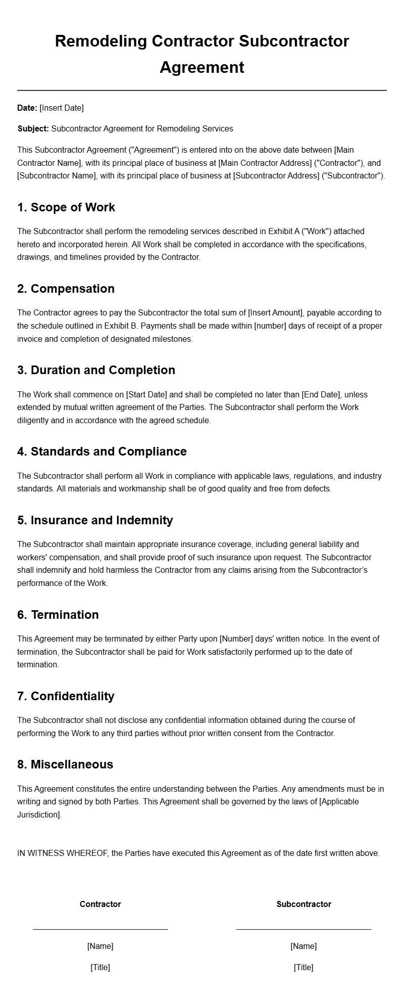 Remodeling Contractor Subcontractor Agreement Templates