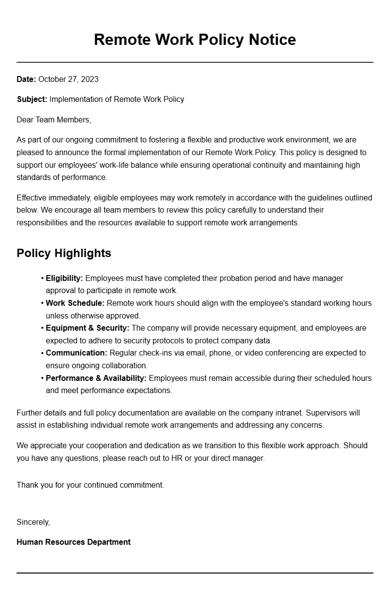 Sample Remote Policy Notice Letters for Employers and Employees