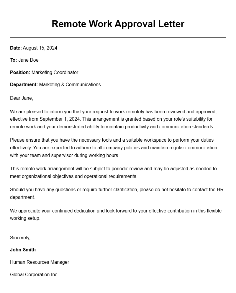 Effective Remote Work Approval Letter Samples