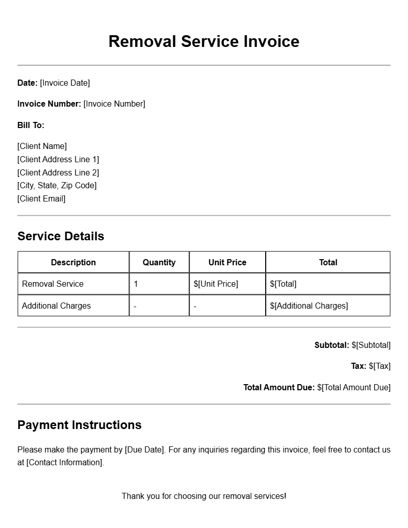 Removal Service Invoice Templates for Efficient Billing