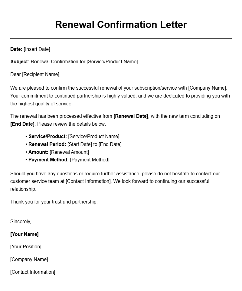 Sample Renewal Confirmation Letters for Various Purposes
