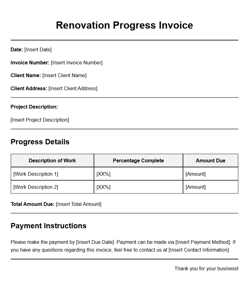 Renovation Progress Invoice Templates for Your Projects