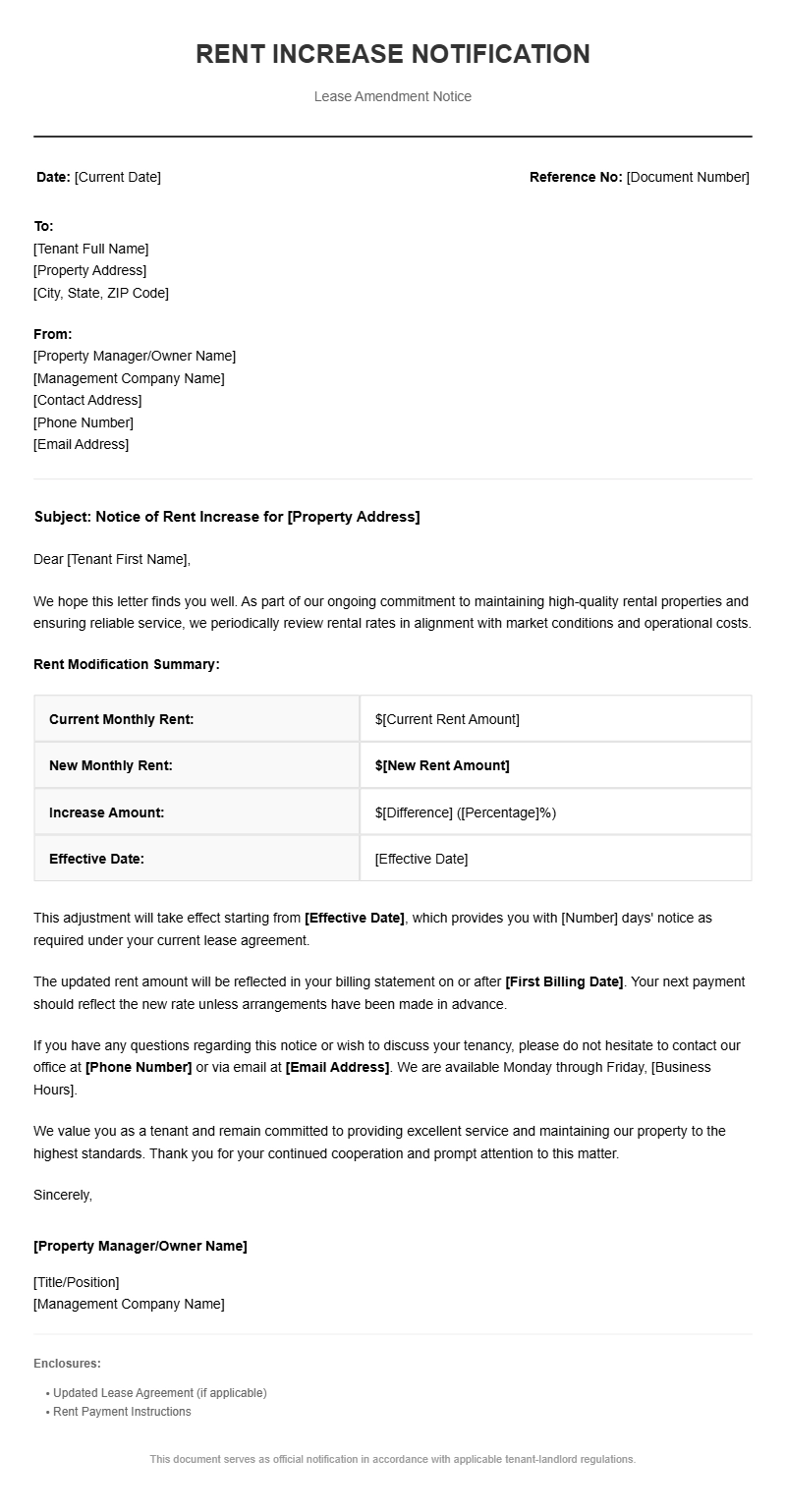 Rent Increase Letter Template – Clear Professional Notice