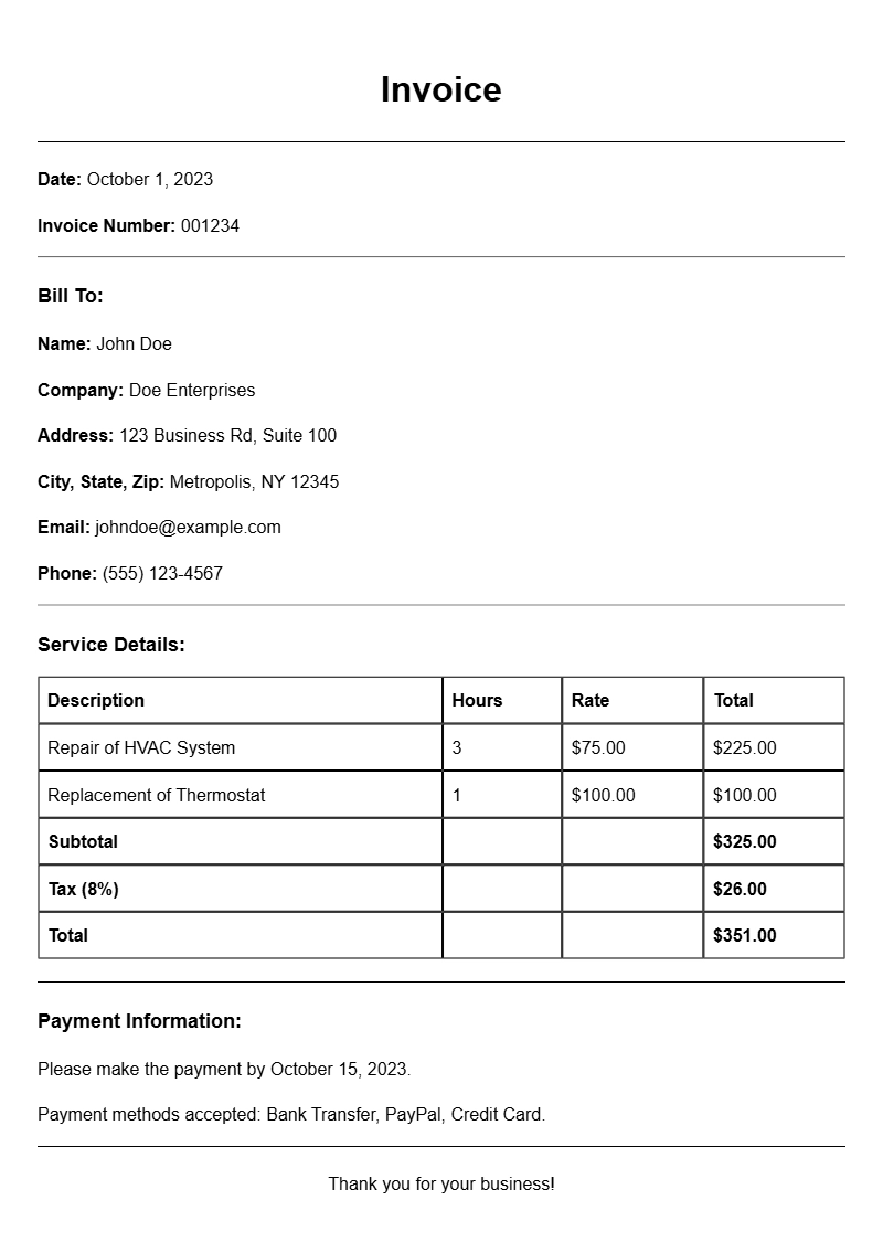 Repair Technician Invoice Samples for Efficient Billing