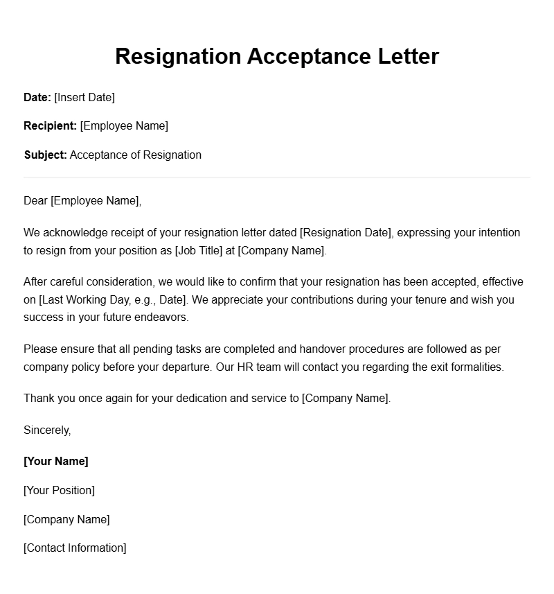 Resignation Acceptance Letter Samples and Templates
