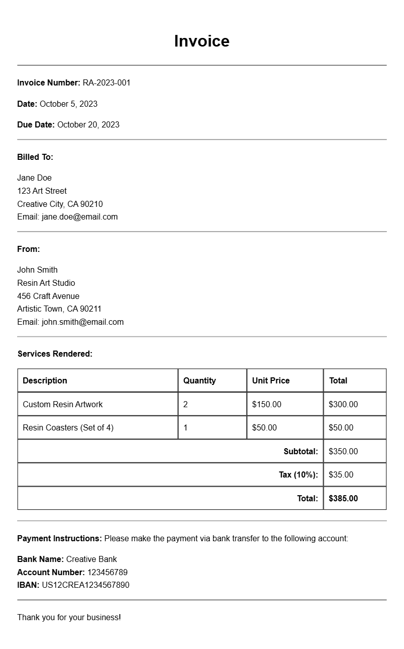 Resin Artist Invoice Samples for Your Creative Business