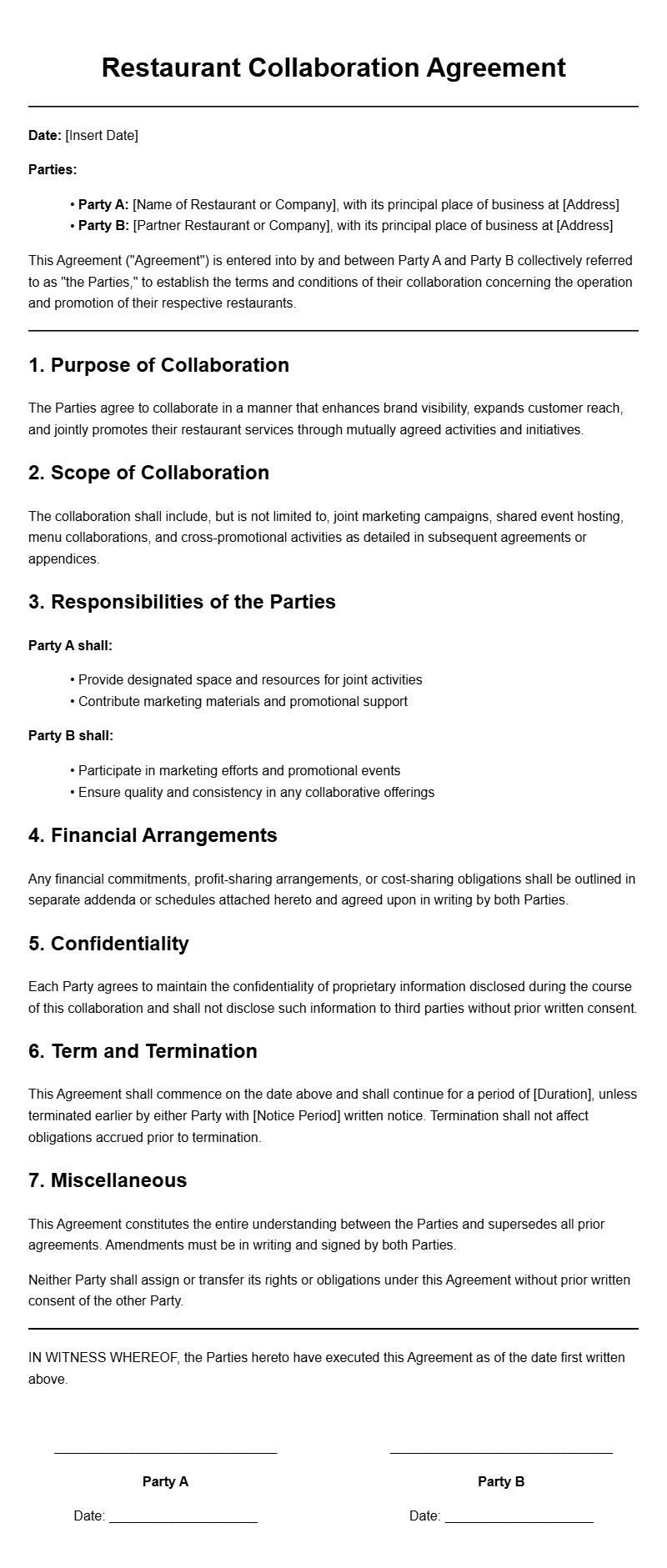 Restaurant Collaboration Agreement Templates for Smooth Partnerships